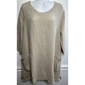 Match Point 100% Linen Dress /Top M Lagenlook Minimalist Women Beige 3/4 Sleeve